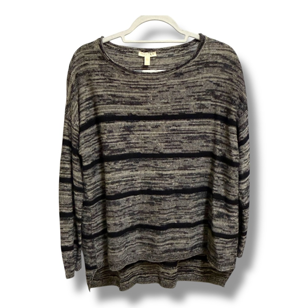 Eileen Fisher Petite PS Organic Linen Space Dye Stripe Sweater Black Minimalist